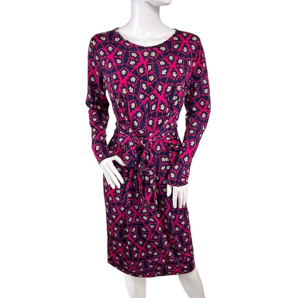 Ingenue London Pink Geometric Long Sleeve Front Tie Stretch Sheath Dress Sz US 8